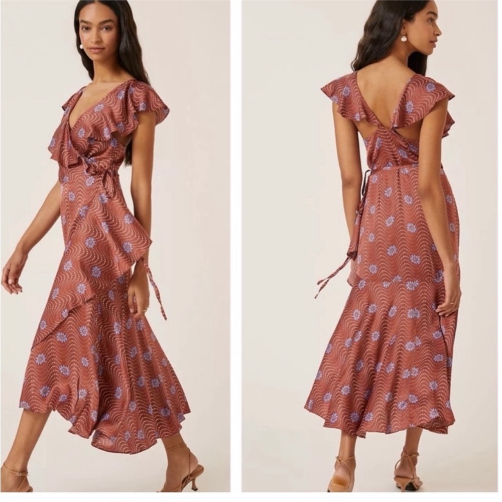 Anthropologie Rust Maxi Dress with Light Blue Wave Print
